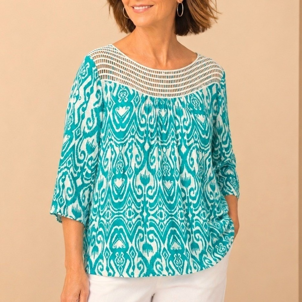 Jones New York Womens Top Plus 2X Teal Ikat Crochet 3/4 Sleeve Boho‎ Blouse Chic